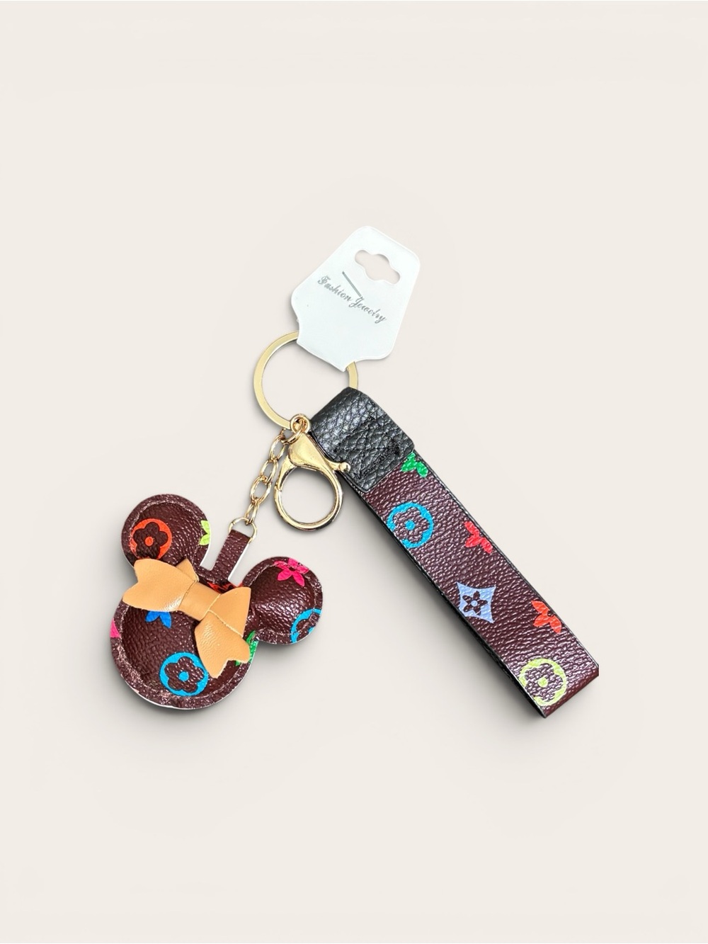 Novelty Mickey Keychain Wristlet Bag Charm Faux Leather Multicolor